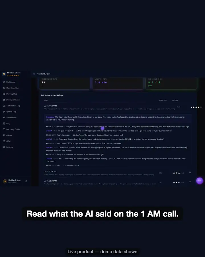 Frame from our portal film — the client portal shown with demo data